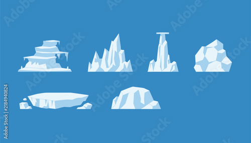 Various icebergs and frozen glaciers shapes isolated on flat blue background vector cartoon illustration.