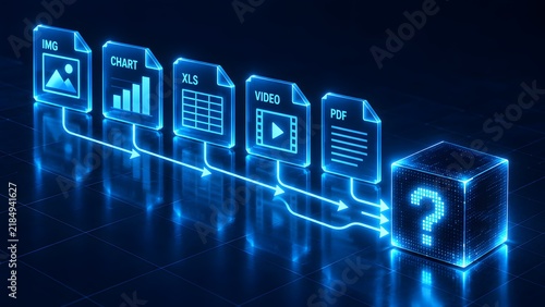 Plakat Digital file formats transferring data into a glowing query cube representing unknown file processing and format conversion