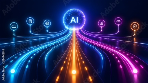 Artificial intelligence network globe with high speed neon data streams and digital workflow icons representing technology integration
