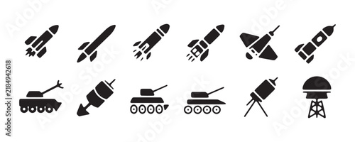 Photography Military rocket launcher and tank vehicle icons for strategic defense warfare simulation software