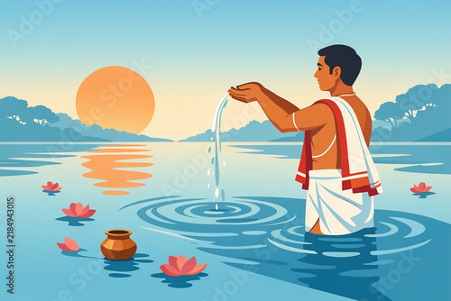 Mahalaya Tarpan Ritual at Sunrise – Bengali Hindu Ancestral Offering Vector Illustration