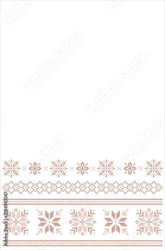 Geometric Christmas cross stitch vertical border vector illustration, brown and dusty pink Nordic embroidery snowflake frame background, minimalist folk holiday ornament with copy space