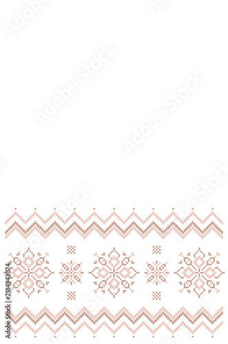 Minimal Scandinavian Christmas cross stitch border vector illustration, brown geometric embroidery snowflake template with empty copy space, neutral rustic winter holiday greeting card layout