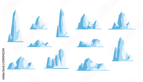 Icy mountain peaks and glaciers set of vector illustrations in clean blue and white shades on white background.