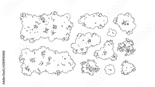 A collection of tree top view symbols for architectural and landscape design plans. Black and white line drawing illustrations for mapping and site plans