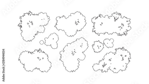 A collection of tree top view symbols for architectural and landscape design plans. Black and white line drawing illustrations for mapping and site plans