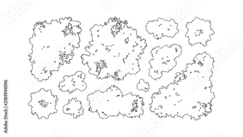A collection of tree top view symbols for architectural and landscape design plans. Black and white line drawing illustrations for mapping and site plans