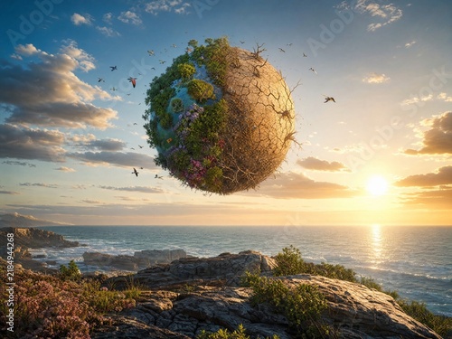 Symbolic planet showing contrast between lush nature and climate change desertification