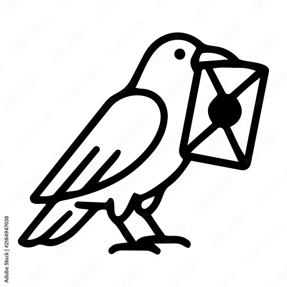 Obraz premium raven or crow bird carrying a sealed envelope or secret message in its beak for spooky halloween mail icon line style