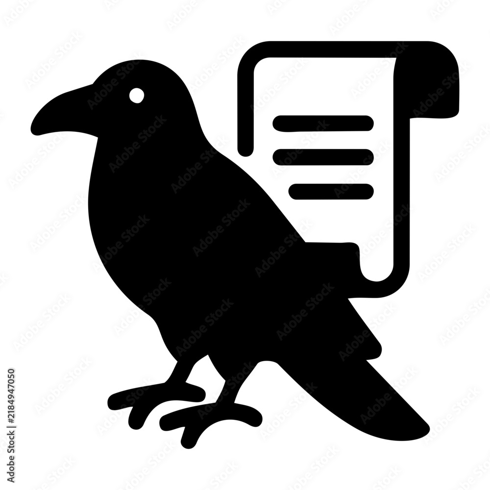 Obraz premium Perched raven or crow bird holding an unrolled parchment scroll for delivering a spooky prophecy or halloween decree icon line style