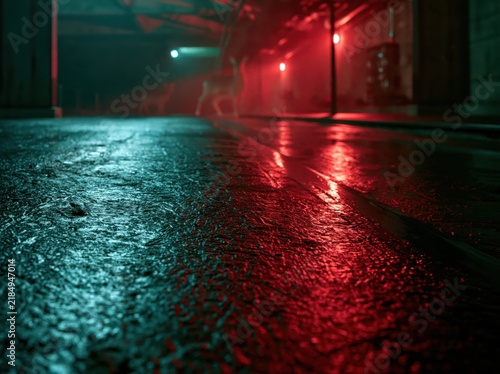 Wet ground reflecting neon lights with spectral deer