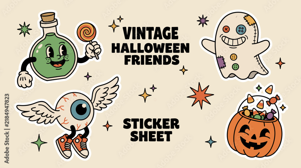 Obraz premium Cute Vintage Halloween Sticker Sheet with Cartoon Ghost Potion Eyeball Pumpkin.