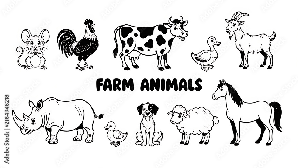Fototapeta premium Farm Animals Line Art Vector Collection