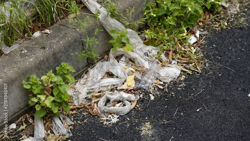 Canvastavla Discarded plastic waste lying near asphalt road edge, highlighting plastic pollu