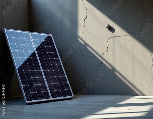An indoor setting where a solar panel system is mounted on a wall, which appears to be part of an ongoing construction or renovation project given the visible concrete framework and unfinished walls