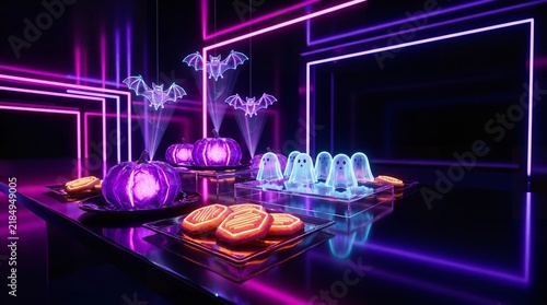 Halloween dinner party table decorated with neon purple glowing ghost and bat figures
