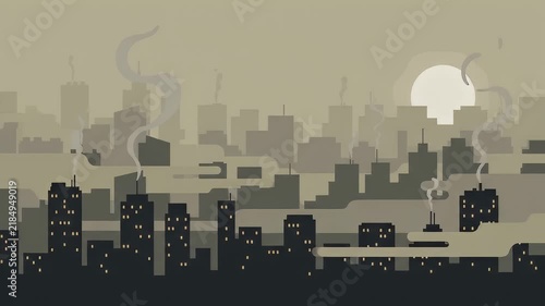 Industrial City Skyline Emitting Smoke at Hazy Sunrise