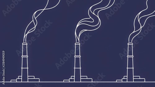 Minimalist Industrial Smokestacks Emitting Wavy Smoke on Dark Blue Background