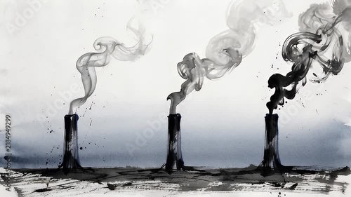 Dark Smokestacks Emitting Swirling Smoke in Minimalist Black and White Ink Art