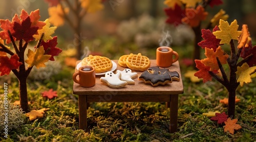 Miniature breakfast scene with waffles ghost cookies and hot drinks in autumn forest