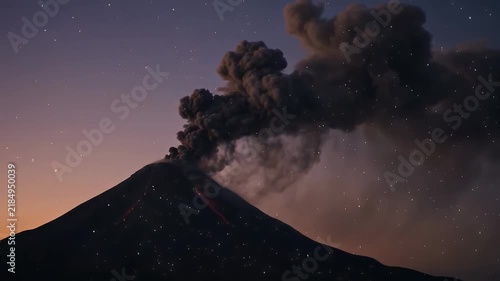 Volcano Erupting Ash Cloud with Glowing Lava under Starry Night Sky