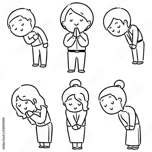 People in thankful and apologizing poses hand drawn doodle style vector illustration