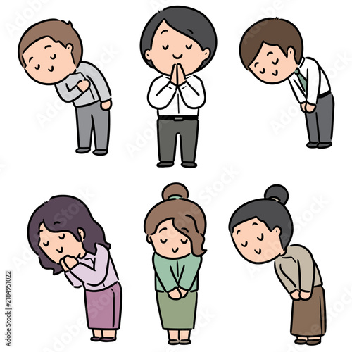 People in thankful and apologizing poses hand drawn doodle style vector illustration