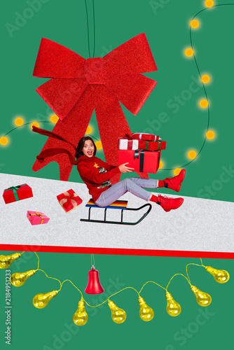 3d banner poster creative image collage of happy girl ride sledge carry present box light bulb garland winter holiday present