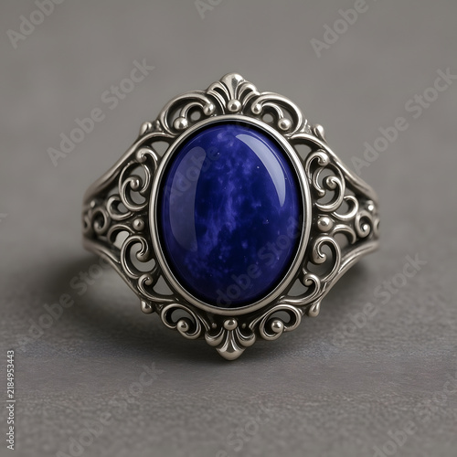 Ornate silver ring with blue gemstone on a grey textured surface  