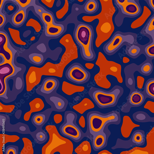 Illustration Vibrant Abstract Seamless Pattern Modern Psychedelic Organic Fluid Shapes Paper Cut Contour Purple Blue Pink Orange Color Design Vector. Ideal for Wallpaper, Textile, Fabric, Packaging