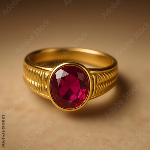 Gold ring with large red gemstone on a neutral background  