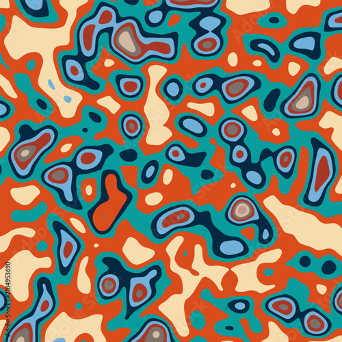 Illustration Vibrant Abstract Seamless Pattern Modern Psychedelic Organic Fluid Shapes Paper Cut Contour Purple Blue Pink Orange Color Design Vector. Ideal for Wallpaper, Textile, Fabric, Packaging