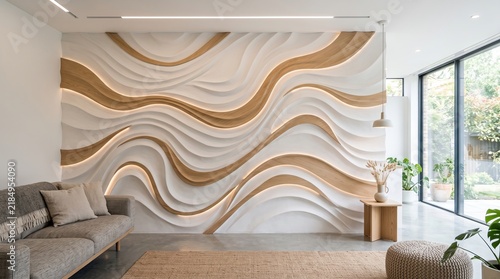 Modern living room interior featuring a stunning 3D wave wall art installation with integrated warm LED lighting and elegant neutral furniture creating a sophisticated luxury atmosphere