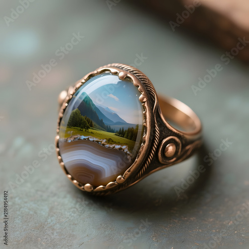 Silver ring with a landscape scene in an agate stone  
