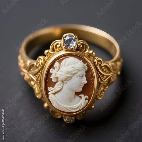 Ornate gold ring with cameo depicting a woman's profile  