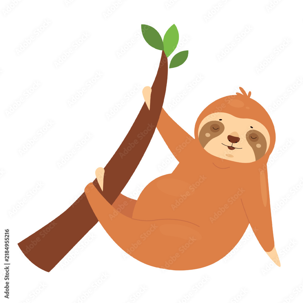 Fototapeta premium Hanging sloth animal on tree. Lazy bear on branch, relaxed arboreal mammal vector illustration