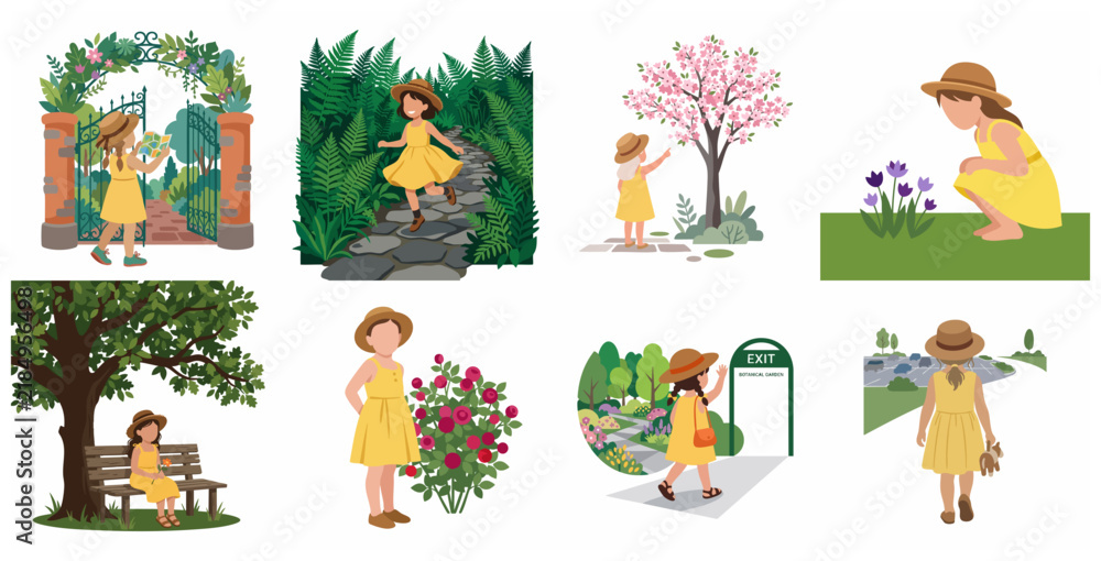 Fototapeta premium Set of illustrations featuring a young girl in a yellow dress exploring a beautiful botanical garden and enjoying nature