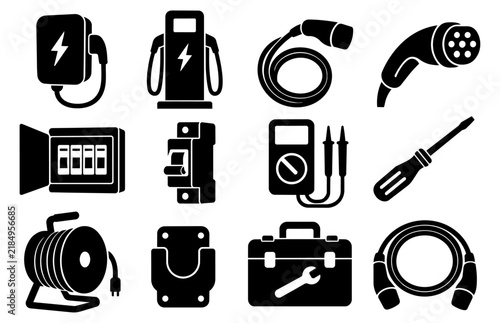 EV Charging Installation and Wallbox Equipment Silhouette Icon Set