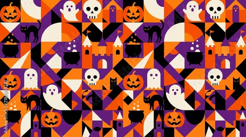Halloween geometric pattern with pumpkins skulls and bats