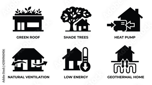 Sustainable energy home icon set, 6 black eco house symbols, green roof and geothermal heating vector graphics