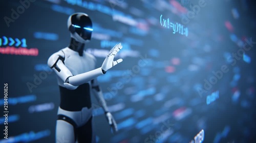 Robot assistant making hand gesture near digital code loop animation