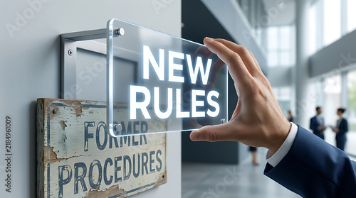 Hand placing New Rules sign over old Former Procedures sign in modern office setting