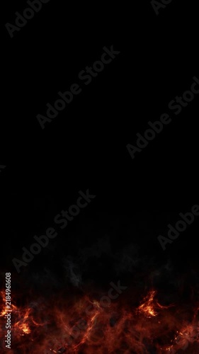 Dark fire animation background. Glowing orange flames burn at the bottom on black with rising smoke and embers. Cinematic overlay for intros and titles.