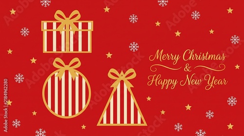 Festive christmas gifts and lettering with stars on a vibrant red background for holiday celebrations