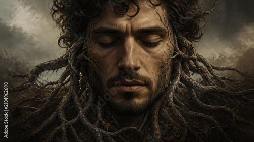 Fantasy Digital Painting of a Man Merged with Tree Roots Expressing Inner Strength