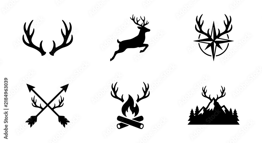 Obraz premium Deer Antlers, Stag Silhouette, Compass, Arrows, Campfire, Mountain Icons: Rustic Woodland Vector Set
