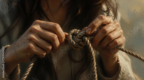 Close up of Skilled Hands Tying a Secure Nautical Knot for Maritime Use
