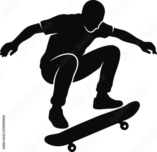 Принти на полотні Skateboarder performing ollie jump trick in black silhouette style for active lifestyle decoration