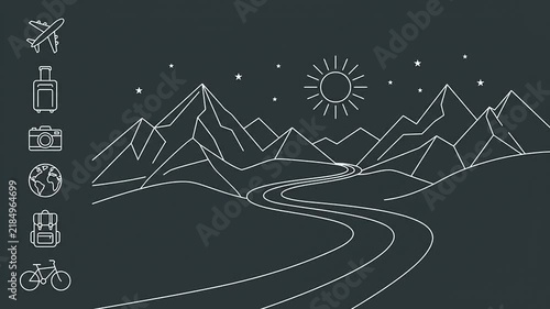 Animated Line Art Travel Icons and Mountain Landscape Scene