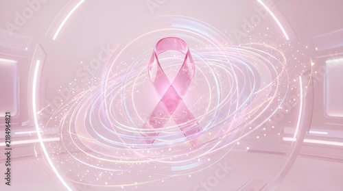 Abstract pink breast cancer ribbon with swirling luminous light particles in motion
